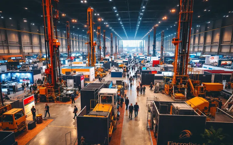 Visitors walking the aisles of a large energy trade show hall with equipment displays