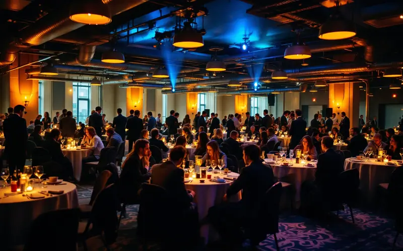 Small groups of professionals talking at tall tables during an evening industry reception