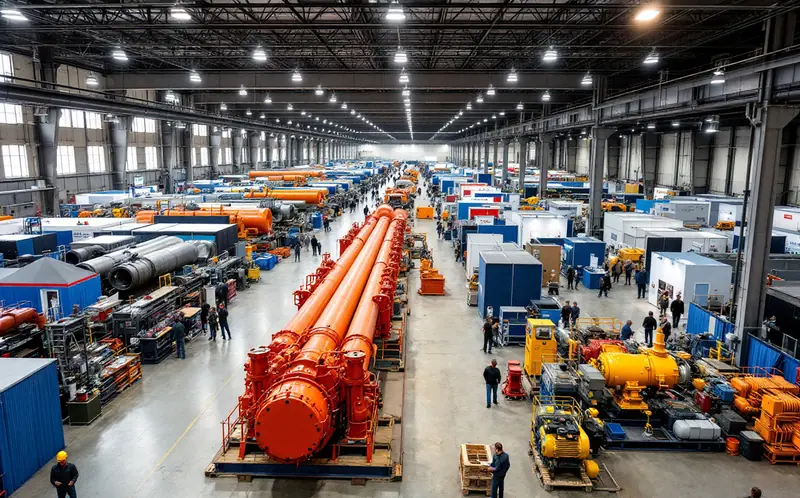 Large exhibition hall seen from above, with aisles of booths, drill pipe and a pump skid on display