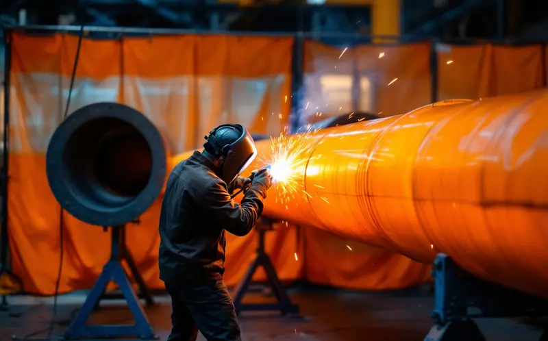 Welder in a helmet working on a large steel pipe behind an orange welding curtain