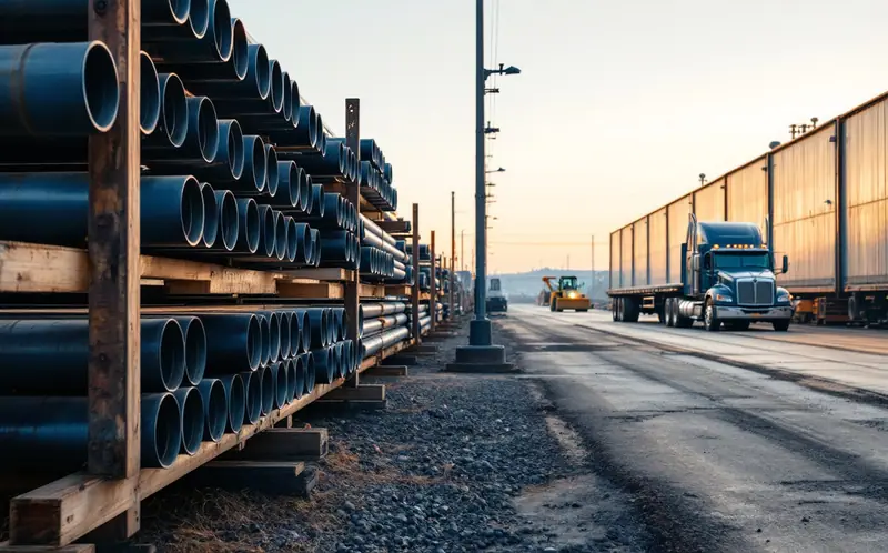 Stacks of steel casing and line pipe on timber racks in an industrial pipe yard with a flatbed truck beyond