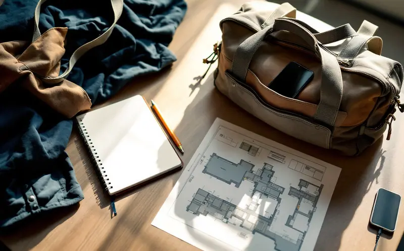 Work bag, notebook, charger, rain jacket, sturdy boots and a printed floor plan laid out on a desk
